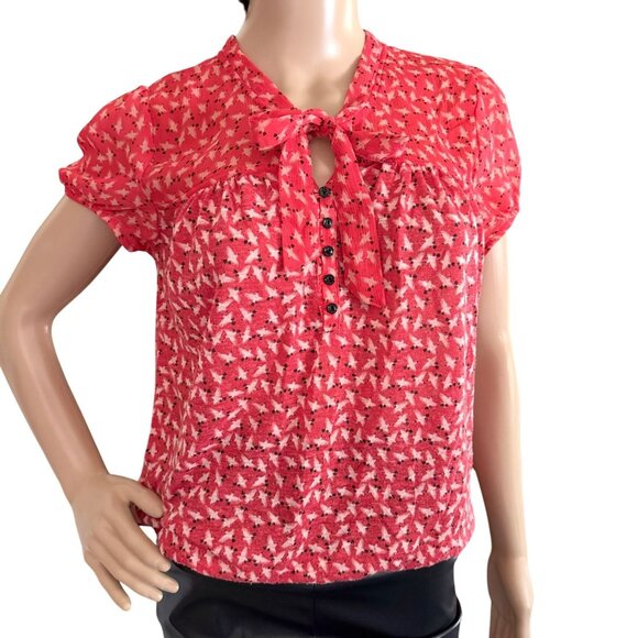 Ann Taylor Loft Blouse Size XS Red Print Birds Tie Neck Textured Romance Top - Picture 1 of 13